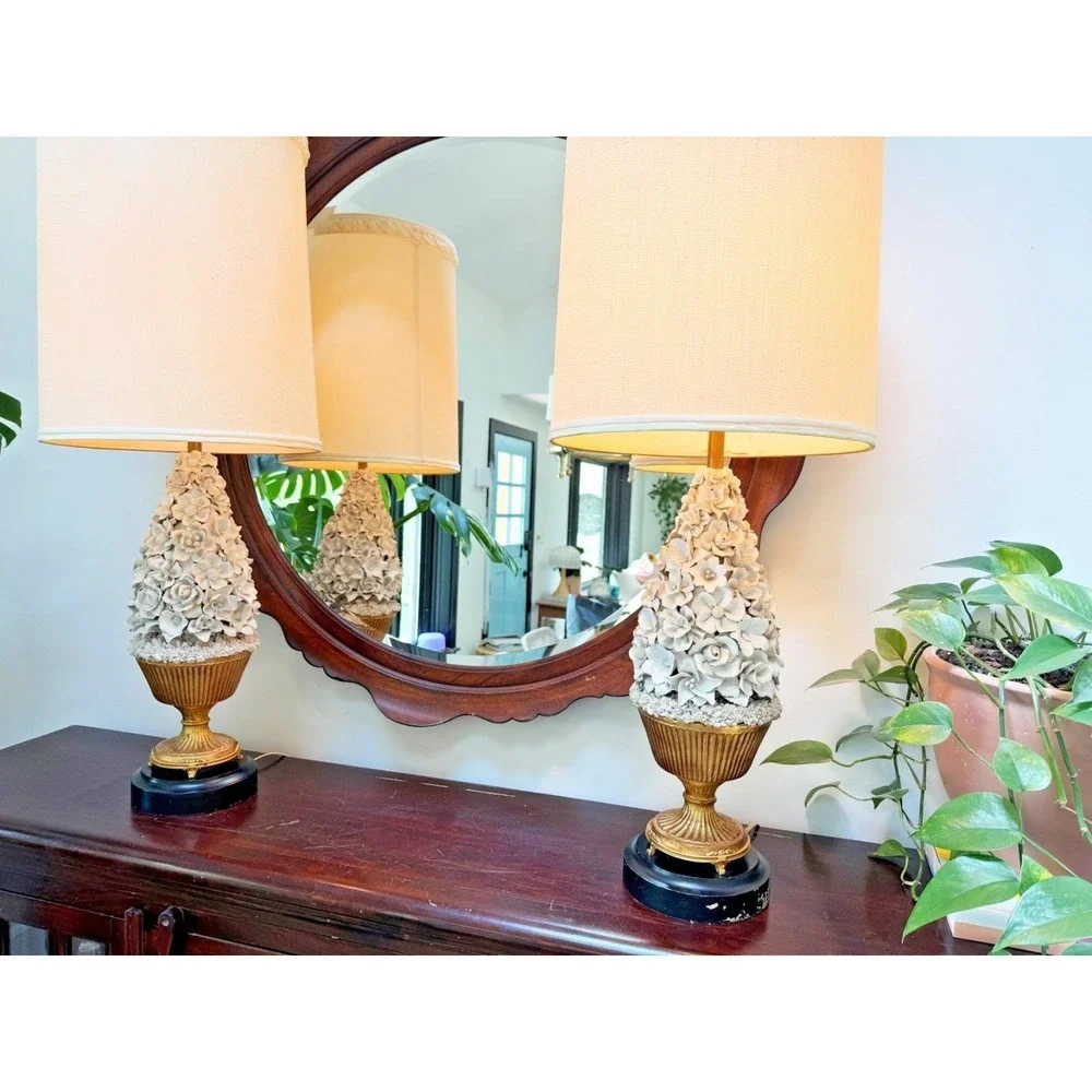 Rare Pair Vintage Porcelain Floral Table Lamps Ceramic‎ Casa Pupo Manises